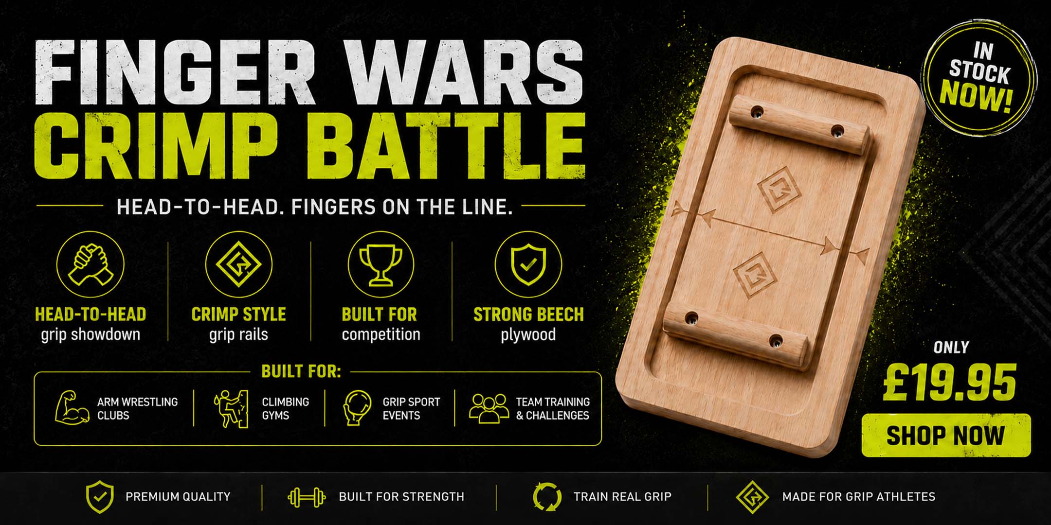 Wooden crimp board with promotional text for 'Finger Wars Crimp Battle' on a black background.