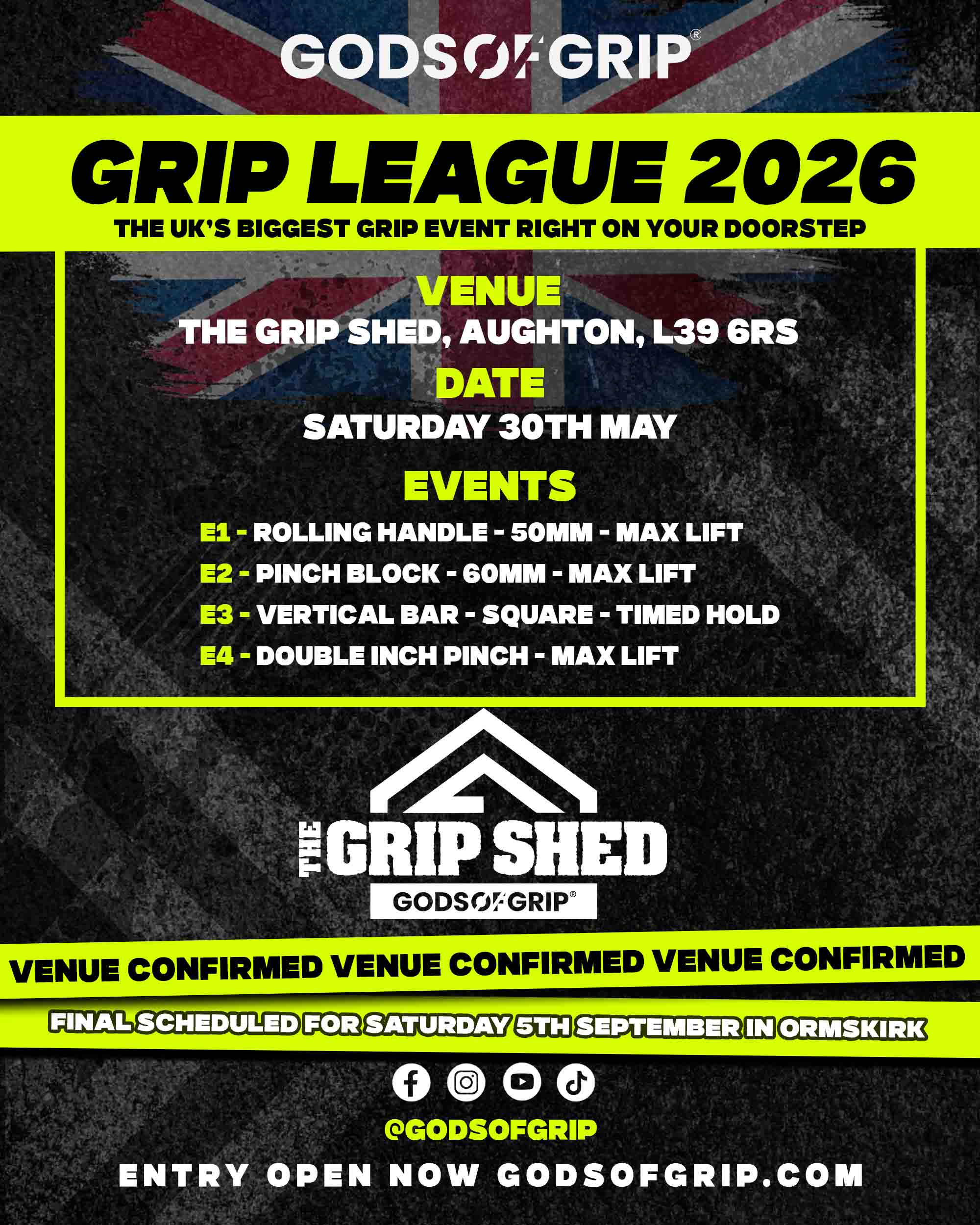 Promotional poster for 'Grip League 2026' event with details and branding.