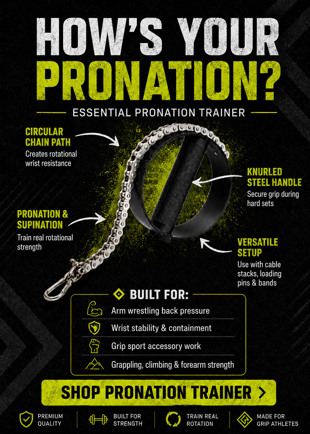 Promotional graphic for an essential pronation trainer with text and arrows pointing to features.