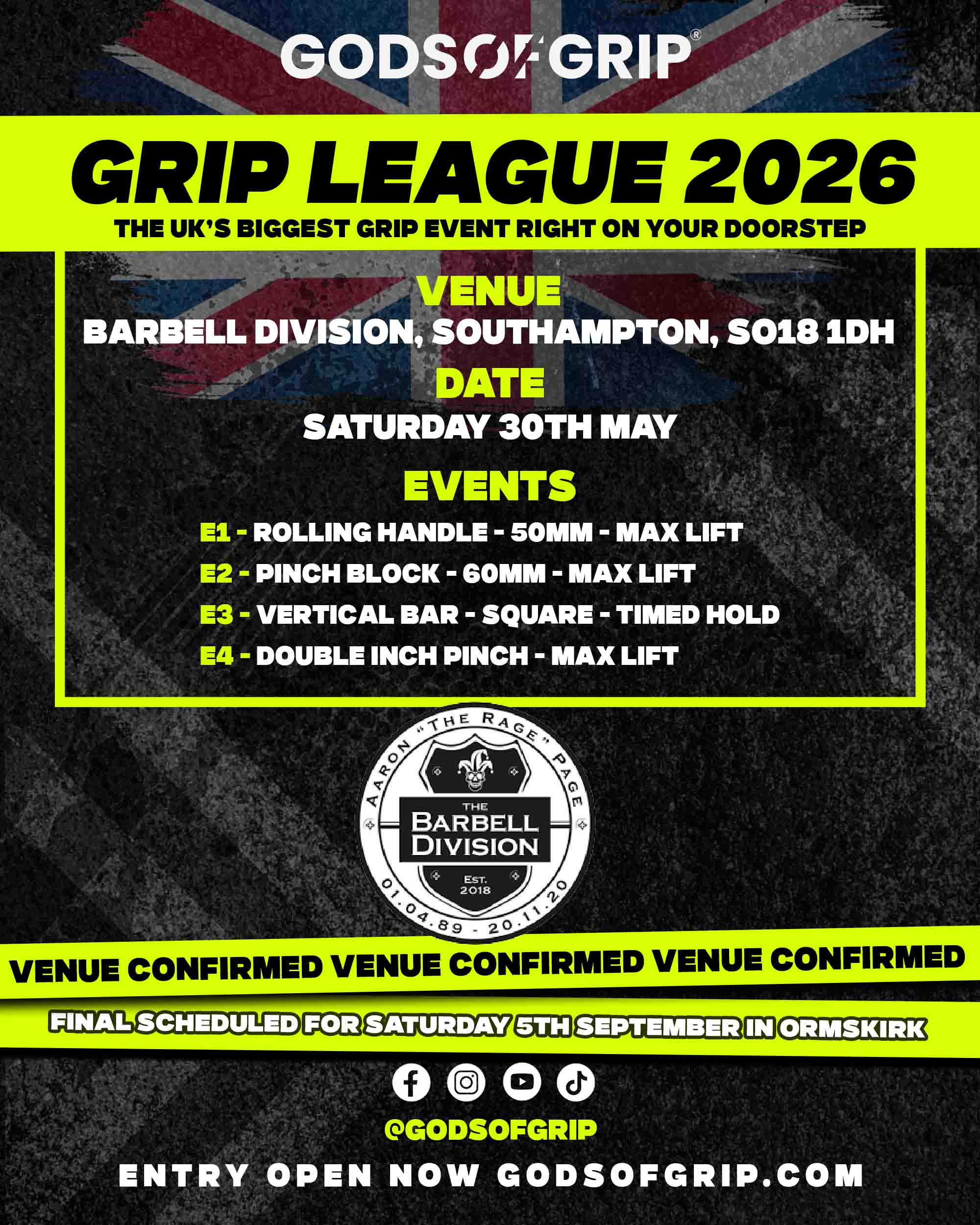 Promotional poster for 'Grip League 2026' event with details and branding.