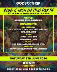 Promotional poster for a Blob & Inch Lifting Party with details on venue, equipment, and date.