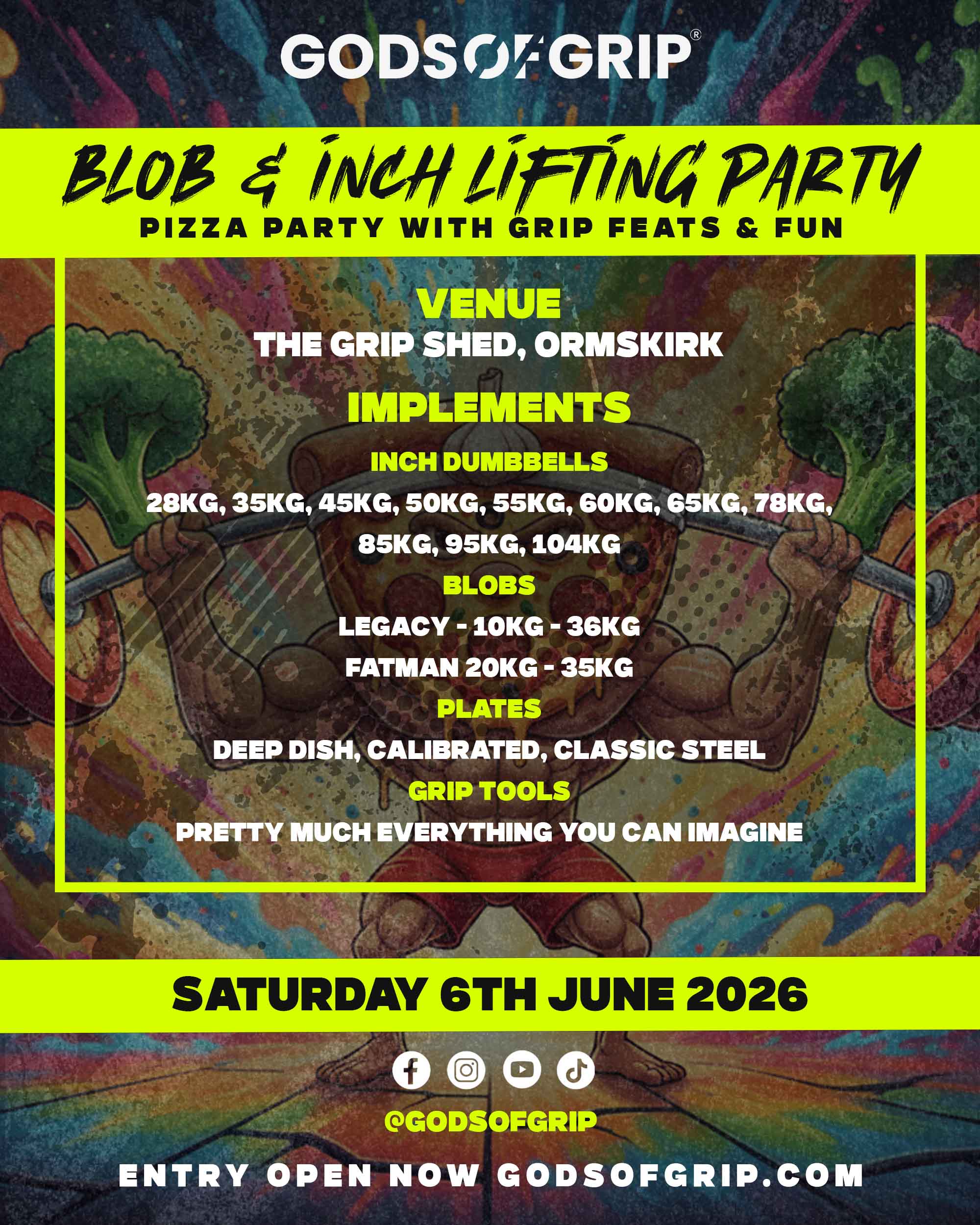 Promotional poster for a Blob & Inch Lifting Party with details on venue, equipment, and date.
