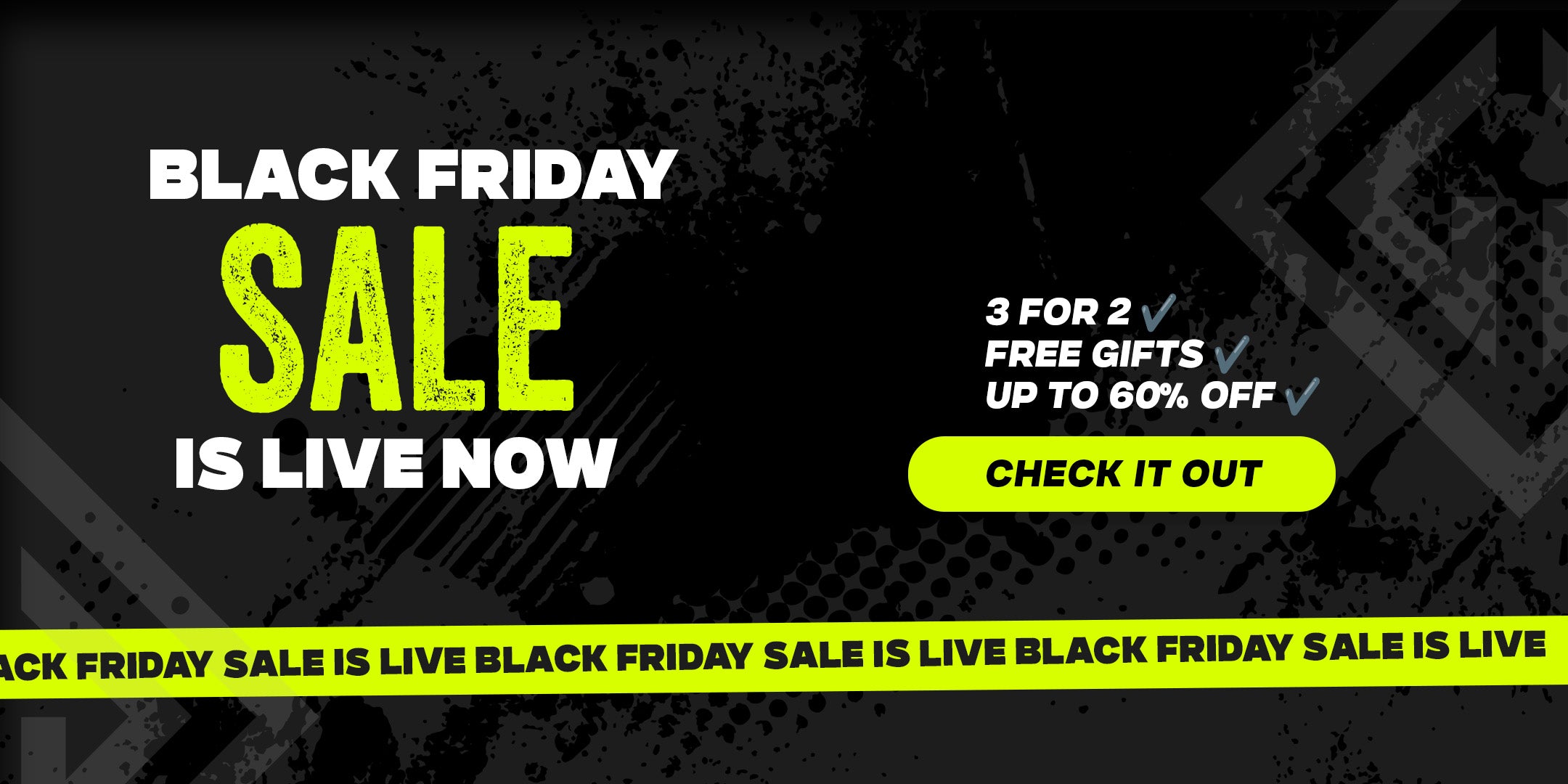 Black Friday sale promotional banner with text and graphics on a dark background