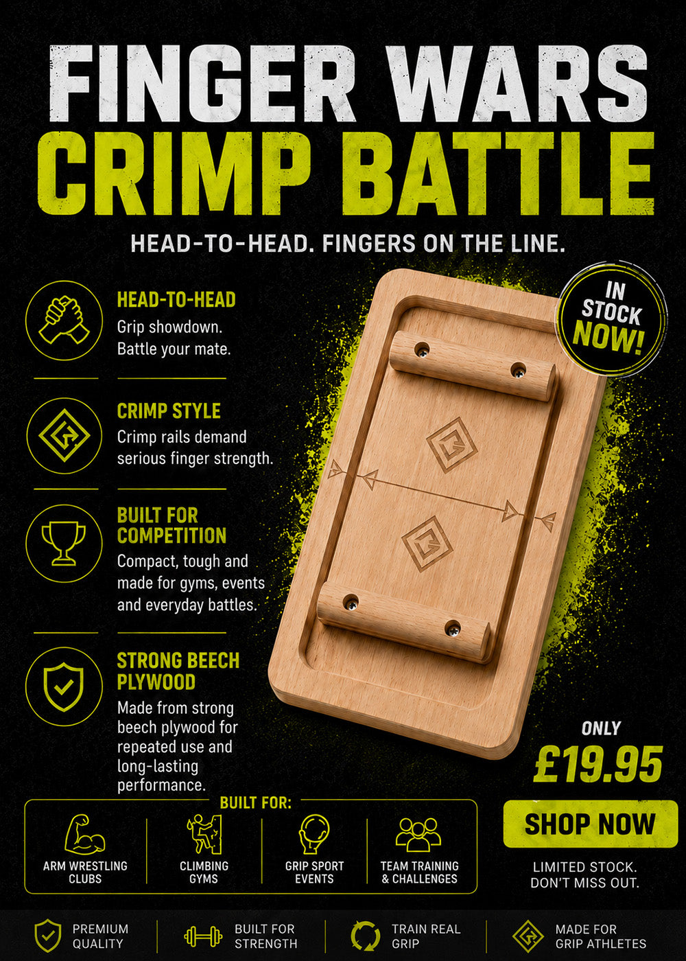 Wooden finger wrestling device with promotional text and pricing on a black background