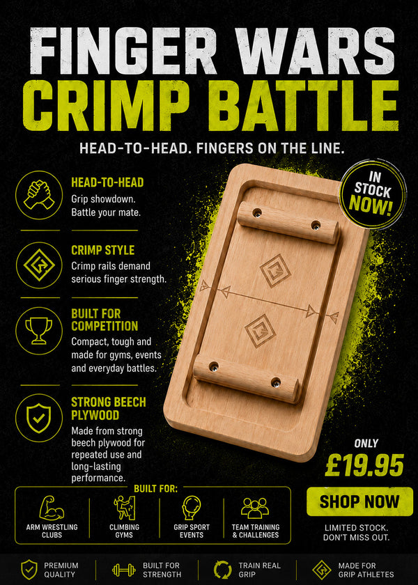 Wooden finger wrestling device with promotional text and pricing on a black background