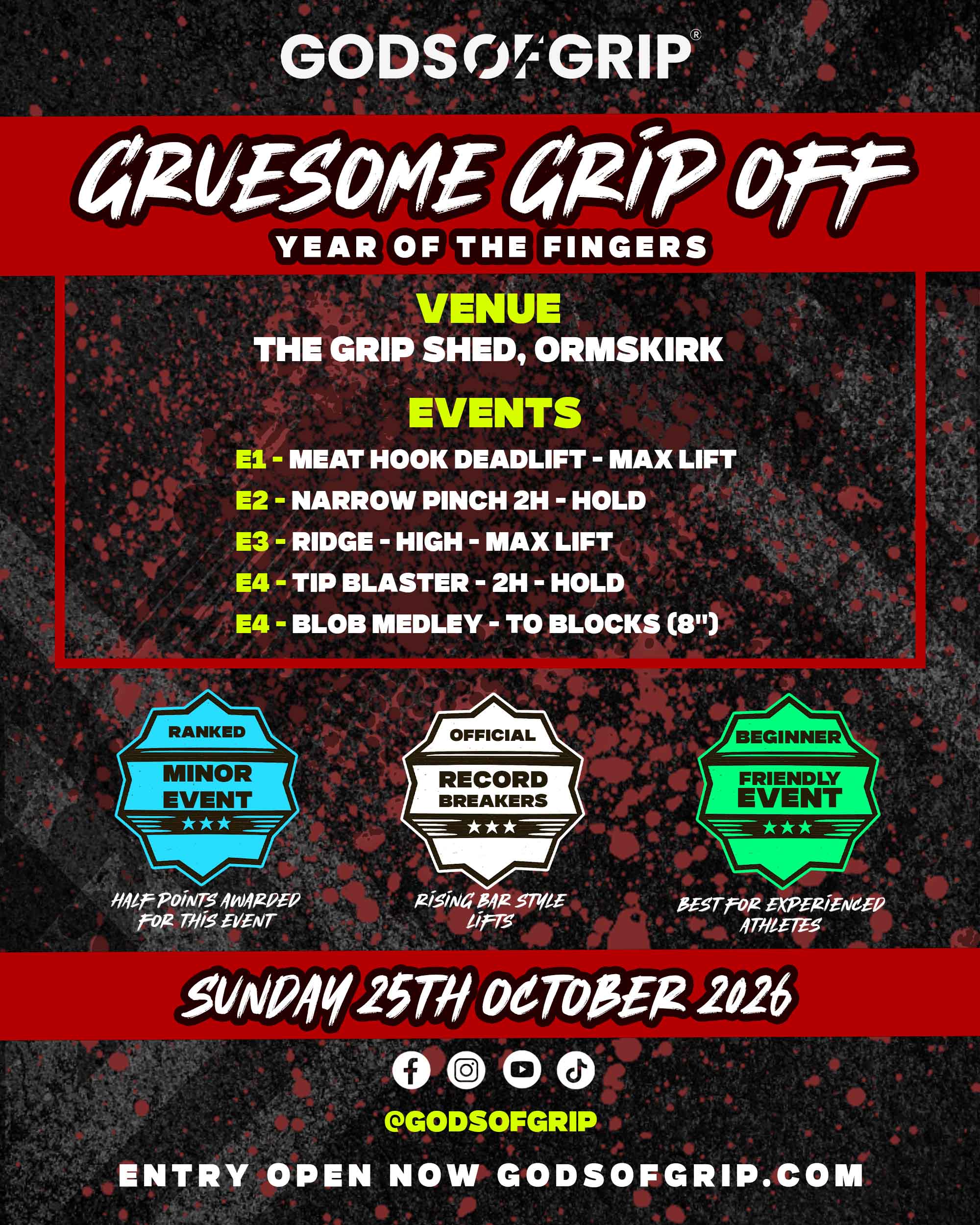 Promotional poster for 'Gruesome Grip Off' event with details and branding.