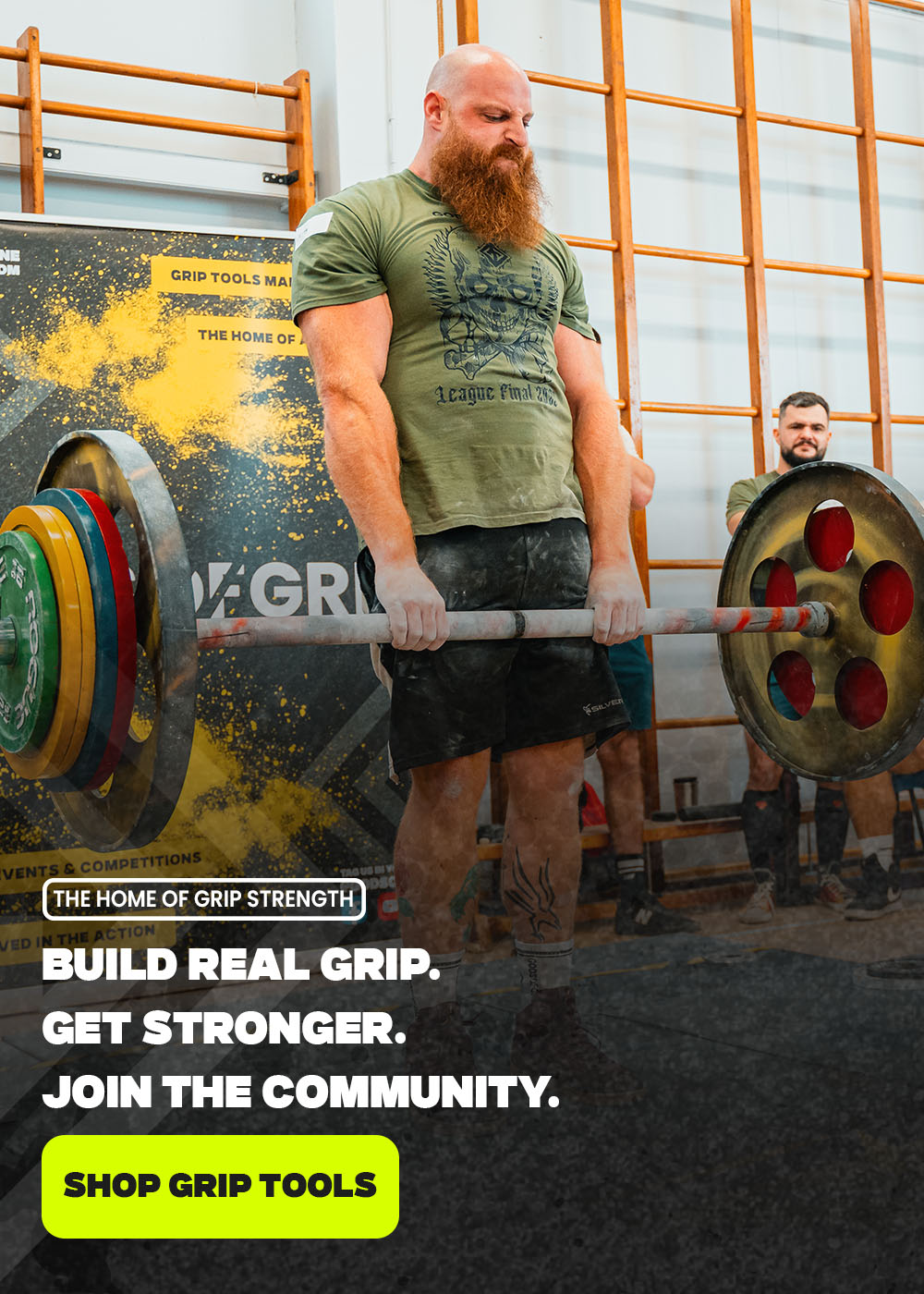 Man lifting a barbell with gym equipment in the background, promoting grip tools.