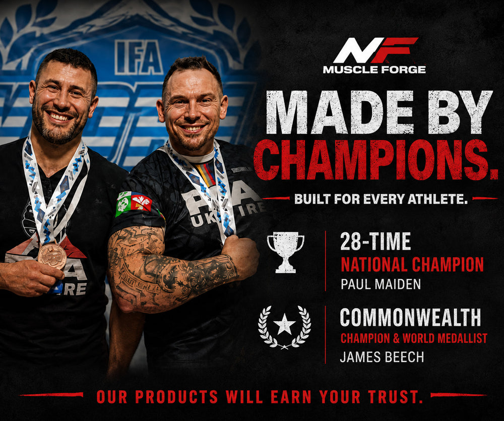 Promotional graphic for Muscle Forge athletic apparel featuring two male athletes holding medals on a black background with bold white and red text. Visible text includes 'IFA', 'Made by Champions', '28-Time National Champion Paul Maiden', 'Commonwealth Champion & World Medallist James Beech', and the Muscle Forge logo.