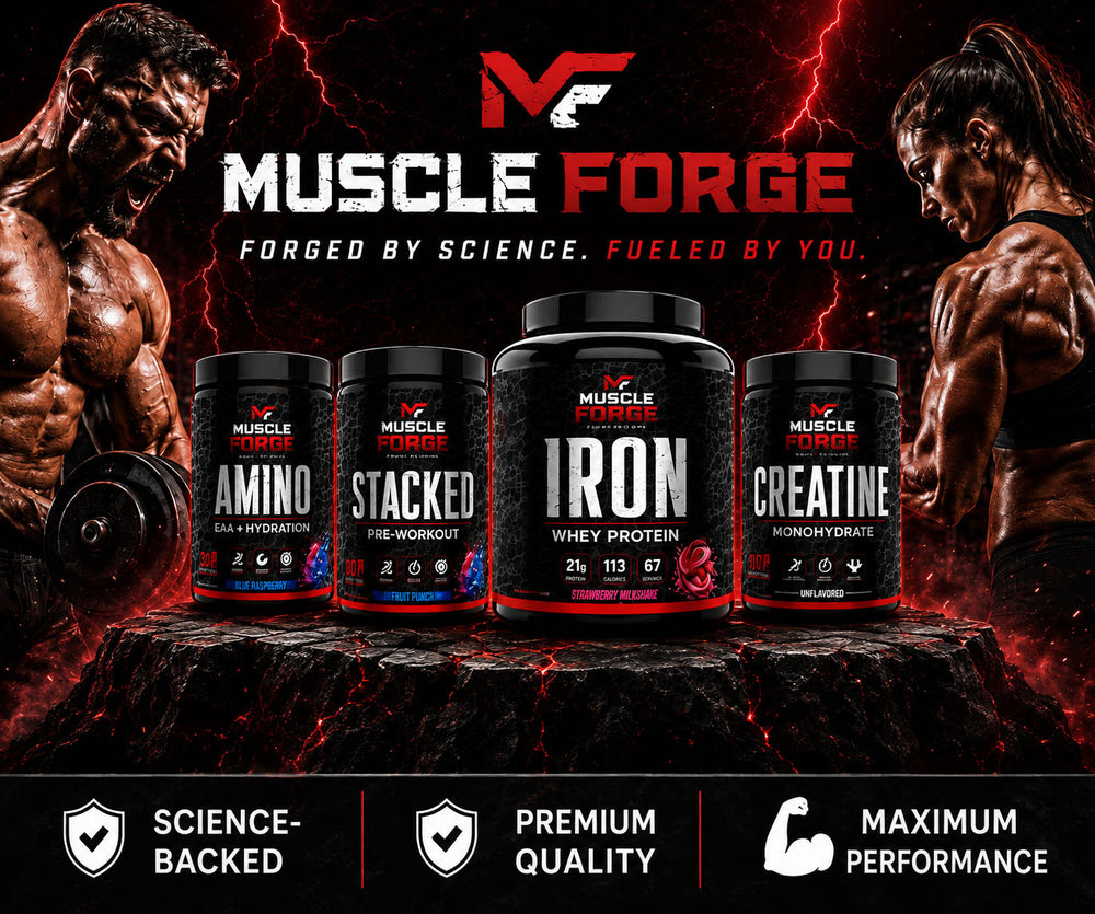 A promotional graphic for Muscle Forge protein powder products, showing four black supplement tubs labeled Amino, Stacked, Iron, and Creatine on a dark rock against a fiery red-and-black background with muscular figures and lightning. Brand text 'MUSCLE FORGE' is prominent at the top, and feature badges appear along the bottom.