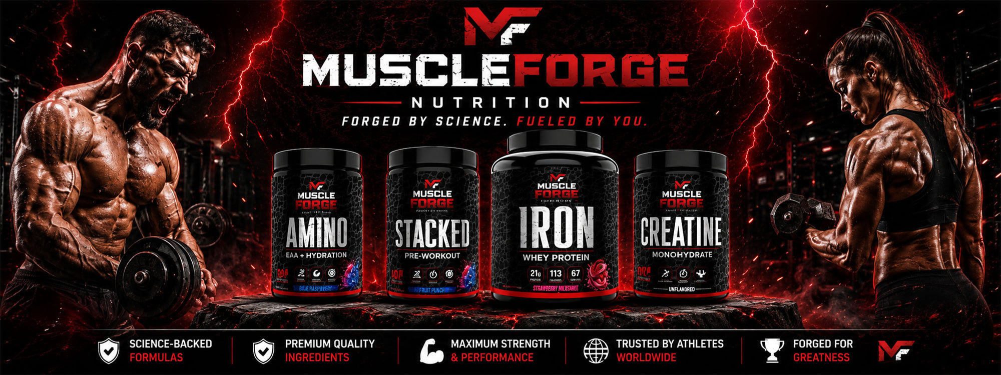 Muscle Forge Nutrition promotional banner featuring four supplement containers labeled Amino, Stacked, Iron, and Creatine, with two muscular bodybuilders on either side against a dark red lightning background.