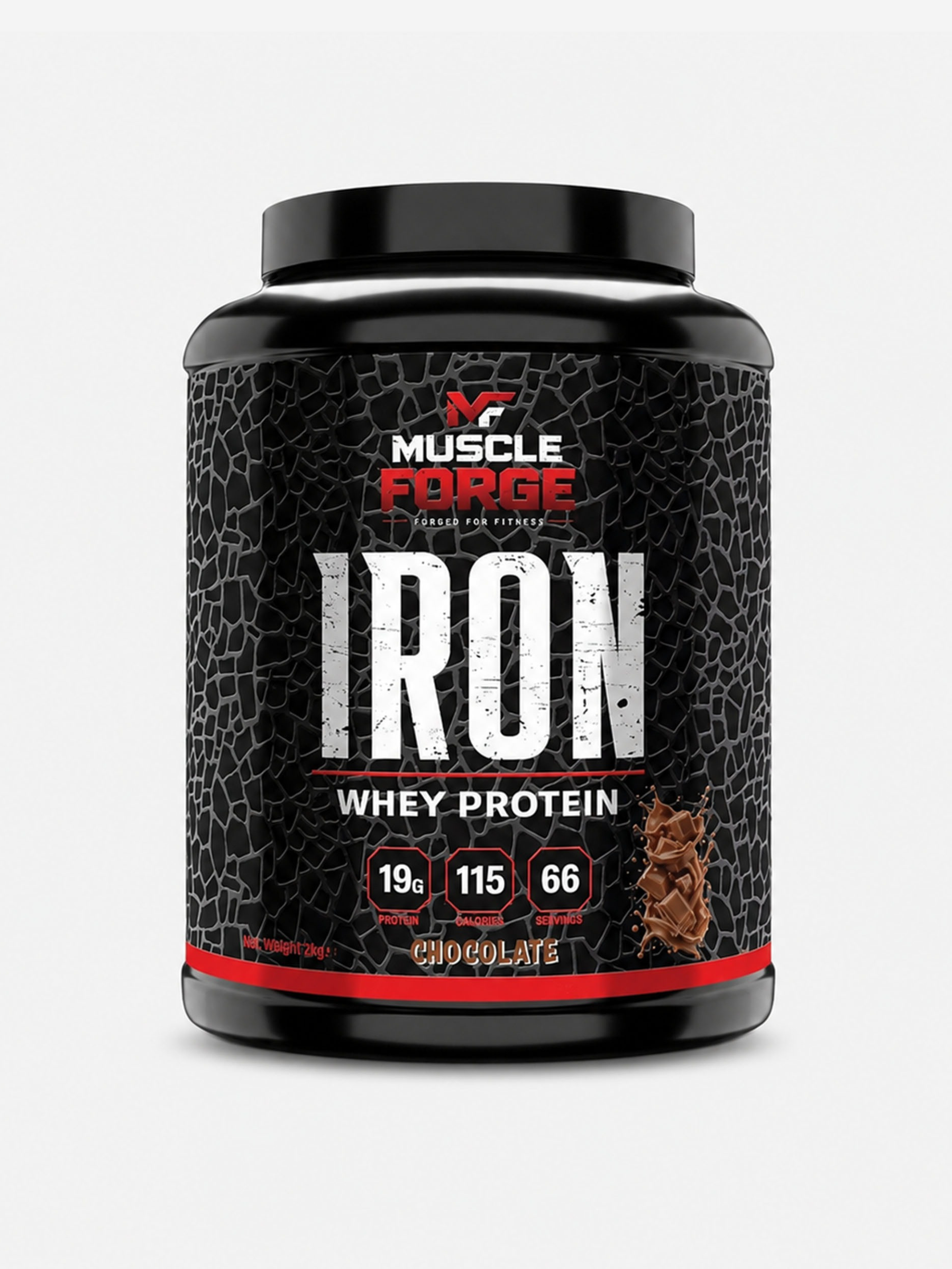 muscle forge iron whey protein tub chocolate flavour