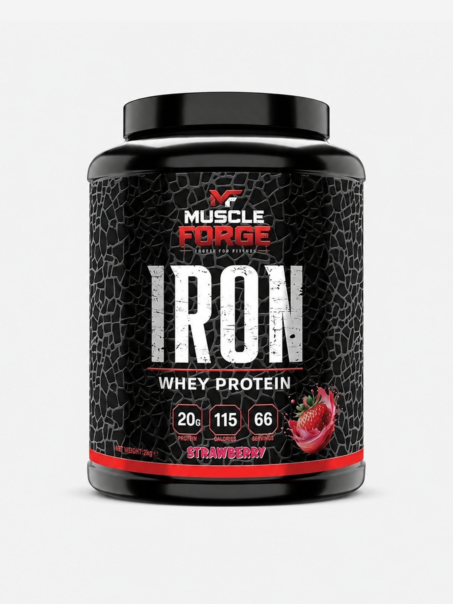 muscle forge iron whey protein tub strawberry flavour