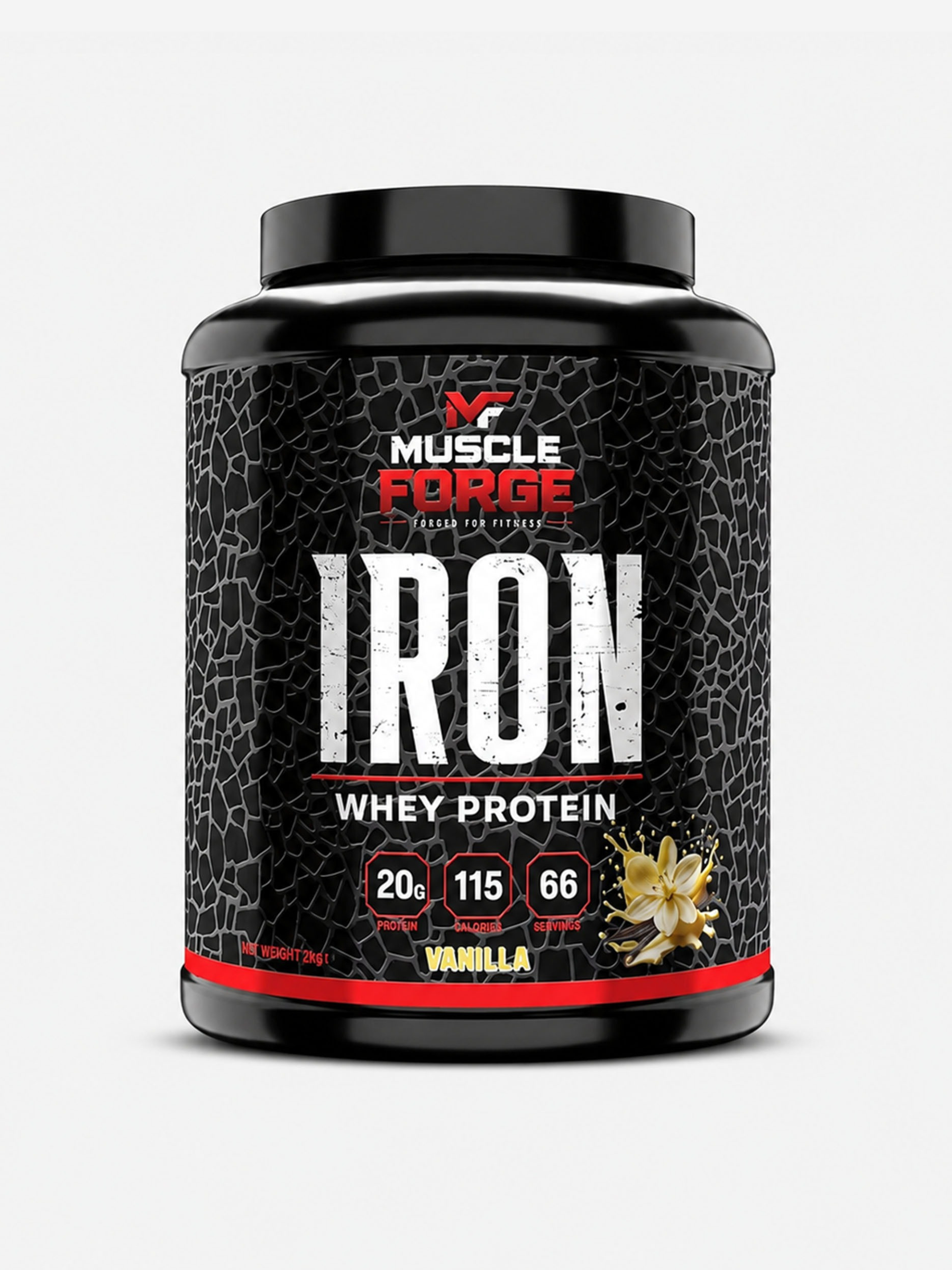 muscle forge iron whey protein tub vanilla flavour
