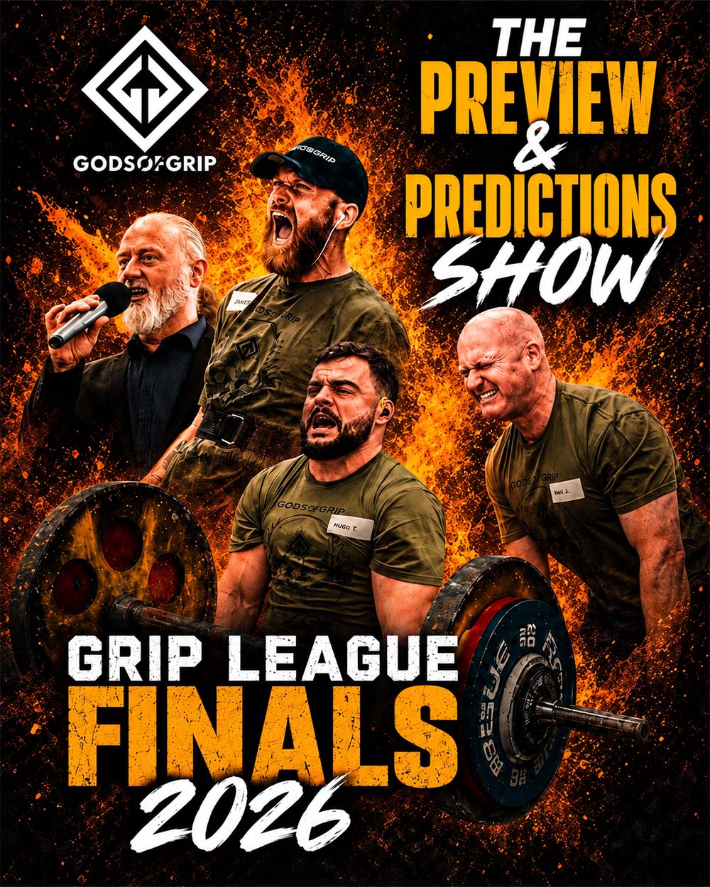 Promotional graphic for 'The Preview & Predictions Show' featuring four men in olive green athletic shirts competing with barbell lifts, set against a fiery orange and black background. The text 'Grip League Finals 2026' is displayed prominently, along with the God's Grip logo.