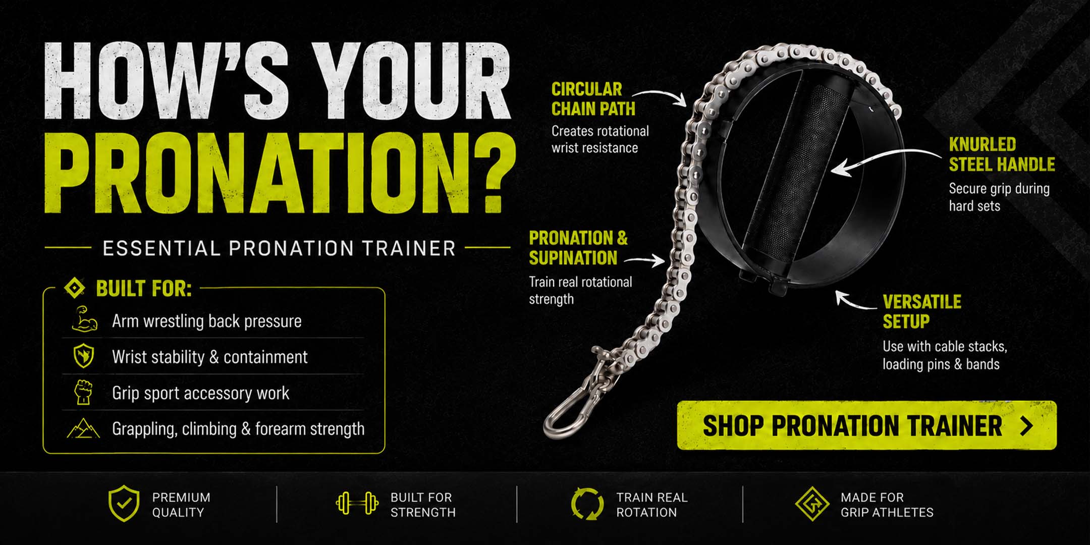 Pronation trainer with text on a black background