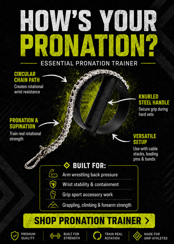 Promotional graphic for an essential pronation trainer with text and arrows pointing to features.