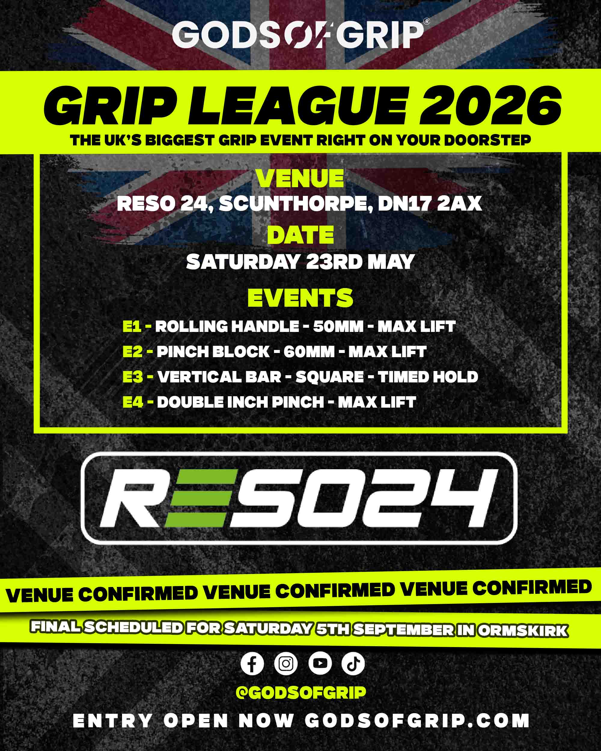 Promotional poster for Grip League 2026 event with venue details and graphics.